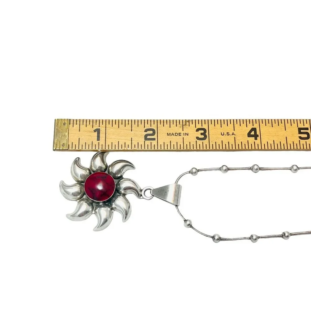 Vintage Sterling Silver Red Jasper Necklace Sun‎ Sunburst Star Pendant Italy